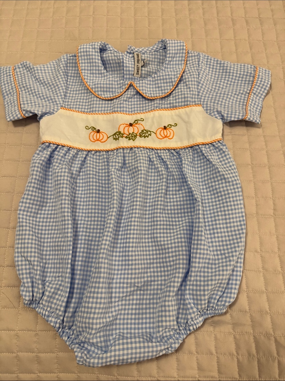 Sweet Dreams 24 months bubble blue check with pumpkin embroidery